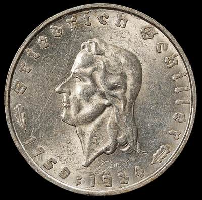 修遠堂世界钱币第102期 - 1934年德国诗人弗里德里希・席勒逝世150周年2马克银币，转光未流通，币面有清漆