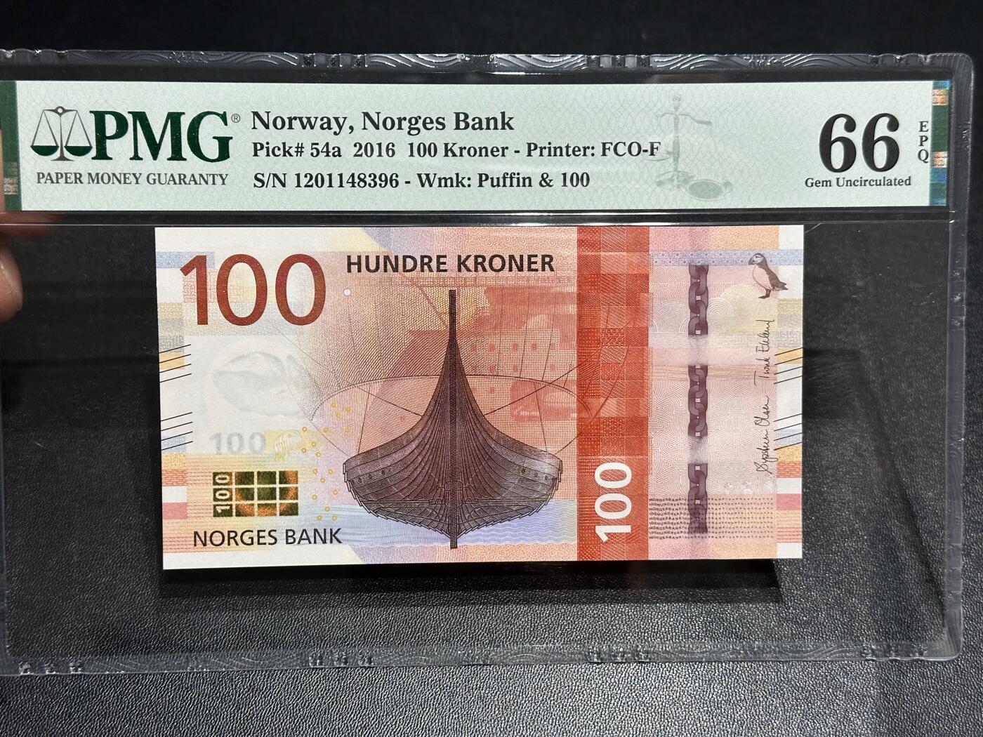 《外钞收藏家》第六百零四期（精品场）（本平台长期征集拍品、欢迎藏友们联系合作） 2016年挪威海洋版100克朗 PMG66