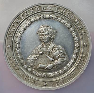 万国钱币拍卖第059期 - NGC MS62 1892年意大利世界博览会哥伦布纪念大合金章 正面哥伦布手持航海地图 精制镜面高浮雕 50MM大规格
