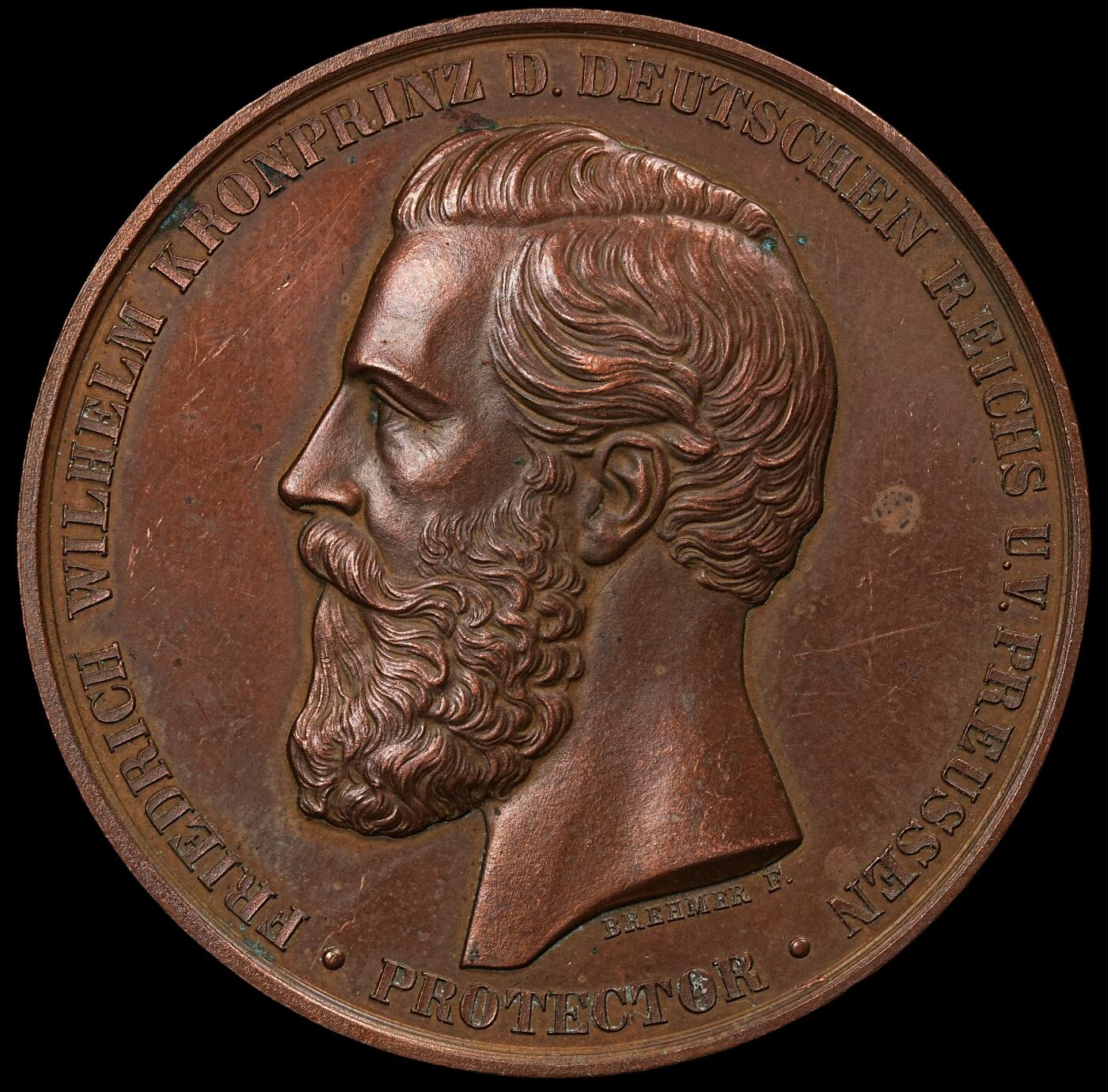 修遠堂世界钱币第102期 1874 年不莱梅国际农业博览会（Internationale Landwirthschaftliche Ausstellung）大铜章，由普鲁士王储（后来的德意志皇帝腓特烈三世）担任展会保护人，43.70mm，41.18g