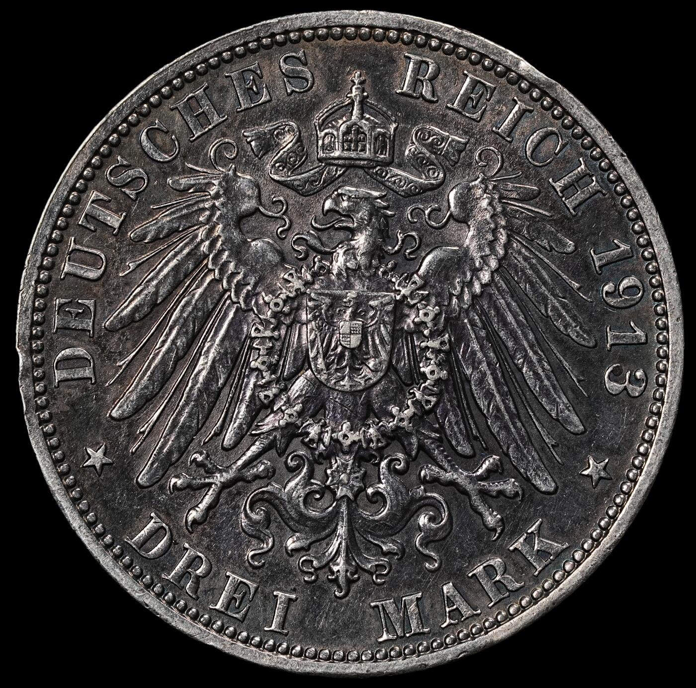 修遠堂世界钱币第102期 1913年萨克森-莱比锡战役百年纪念3马克银币，边磕碰