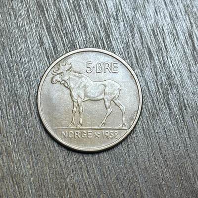 【春节前最后一拍，下一场3.3号】★第139场★散币场。不寄存，30包邮。不满30元，支付5元运费。《接受代拍 代送NGC评级》 - 93【无寄存】1958 挪威5欧尔 铜币