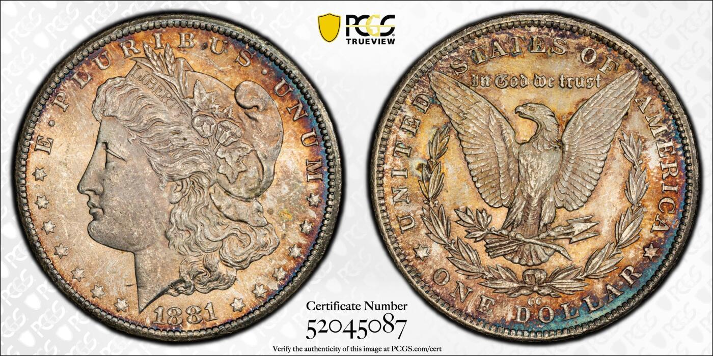 博洋堂世界钱币拍卖第158期（全场包邮） PCGS MS64 美国1881 CC 摩根 卡森厂 麦稀奇首见 高分稀有品种 双面五彩包浆 一枚即毕业 收藏级