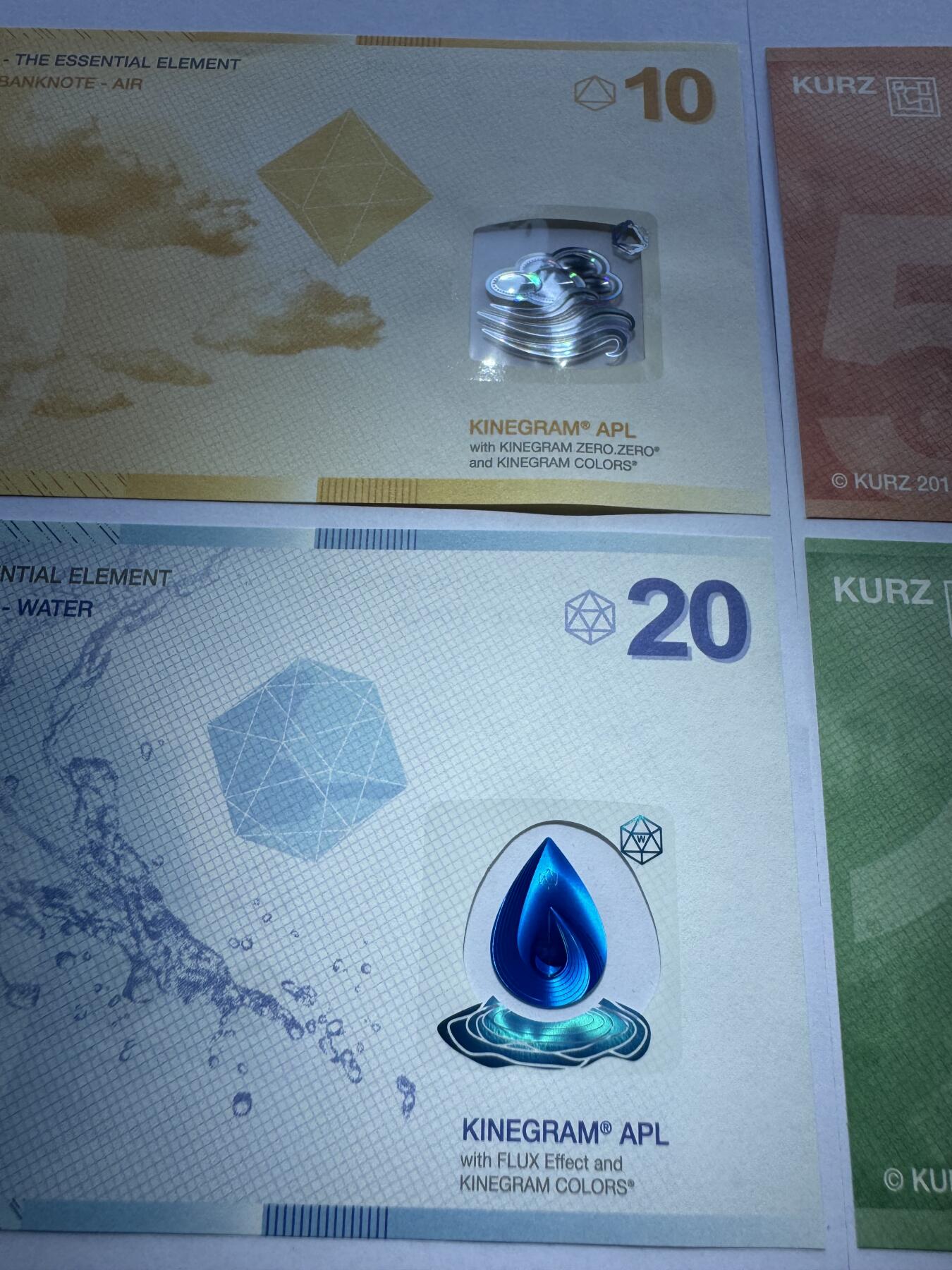 2026第2场（总第229期）：精品测试钞、连体钞综合场 库尔滋KURZ Kinegram APL窗口系列10、20、50、100单位测试钞全套4枚UNC