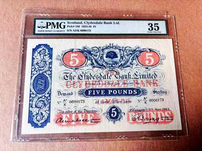 【Blue Auction】世界纸币精拍第779期——18级TOP拍卖/信誉/品质/专业/高效💫 - 【173小号】苏格兰 1922-46年5镑 PMG35 大方块