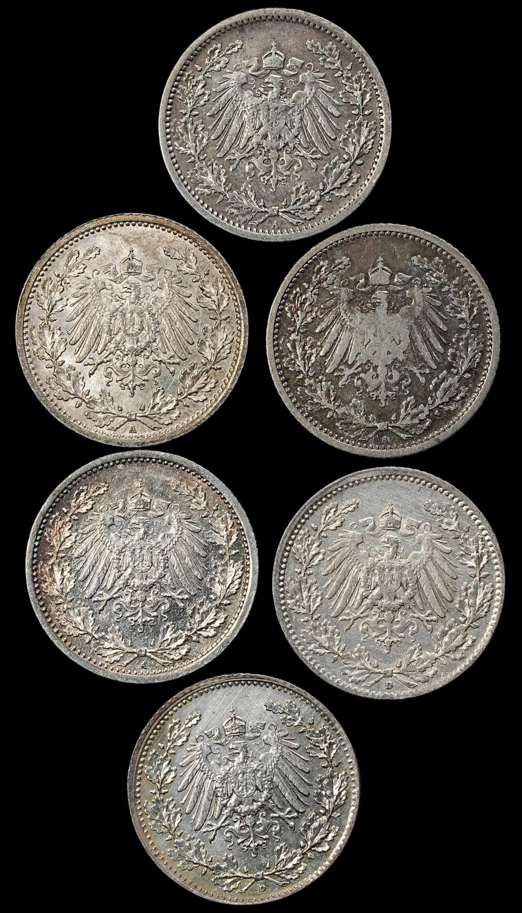 修遠堂世界钱币第102期 德国1/2马克银币一组，一枚不平，总重16.50g，含银90%