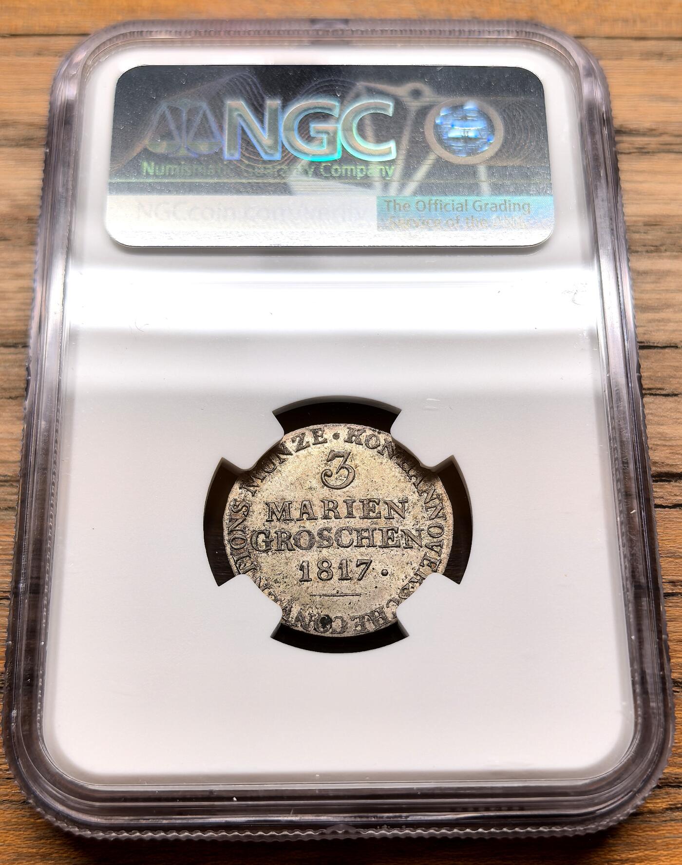 凡希社世界钱币微拍第三百十九期 1817德国汉诺威飞马3MG银辅币NGC-MS64