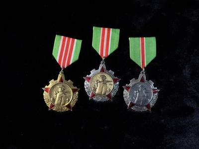 戎马世界章牌大赏第110期 - 朝鲜一二三级煤炭服务勋章，挂布后配，三级一角珐琅有补