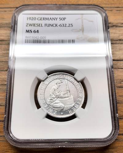 凡希社世界钱币微拍第三百十九期 - 1920德紧茨维瑟尔烟草工人50芬尼铝币NGC-MS64