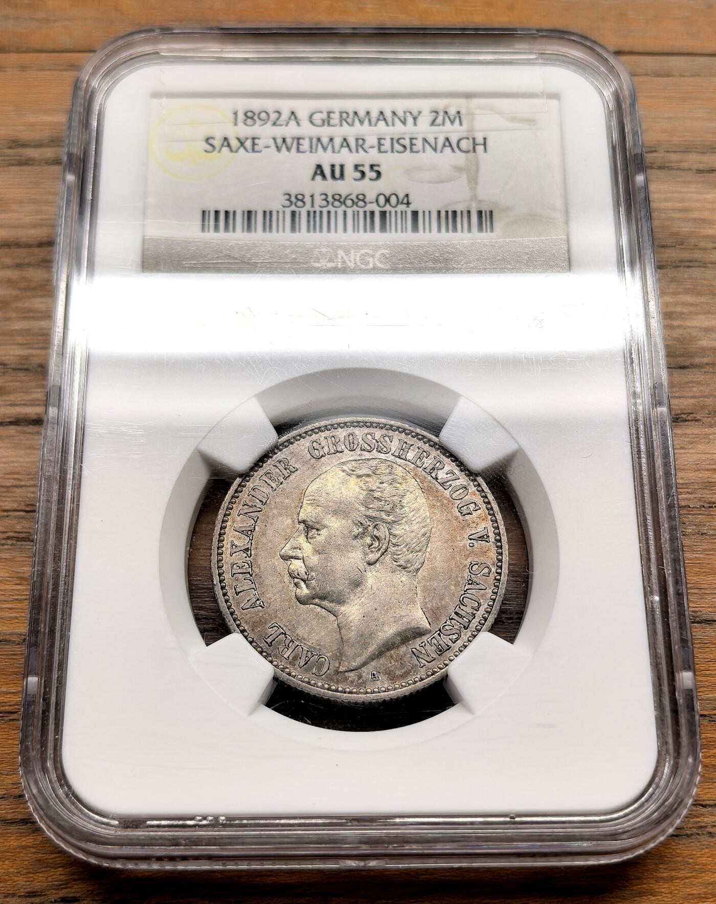 凡希社世界钱币微拍第三百十九期 1892德国萨克森-魏玛-埃森纳赫2马克NGC-AU55