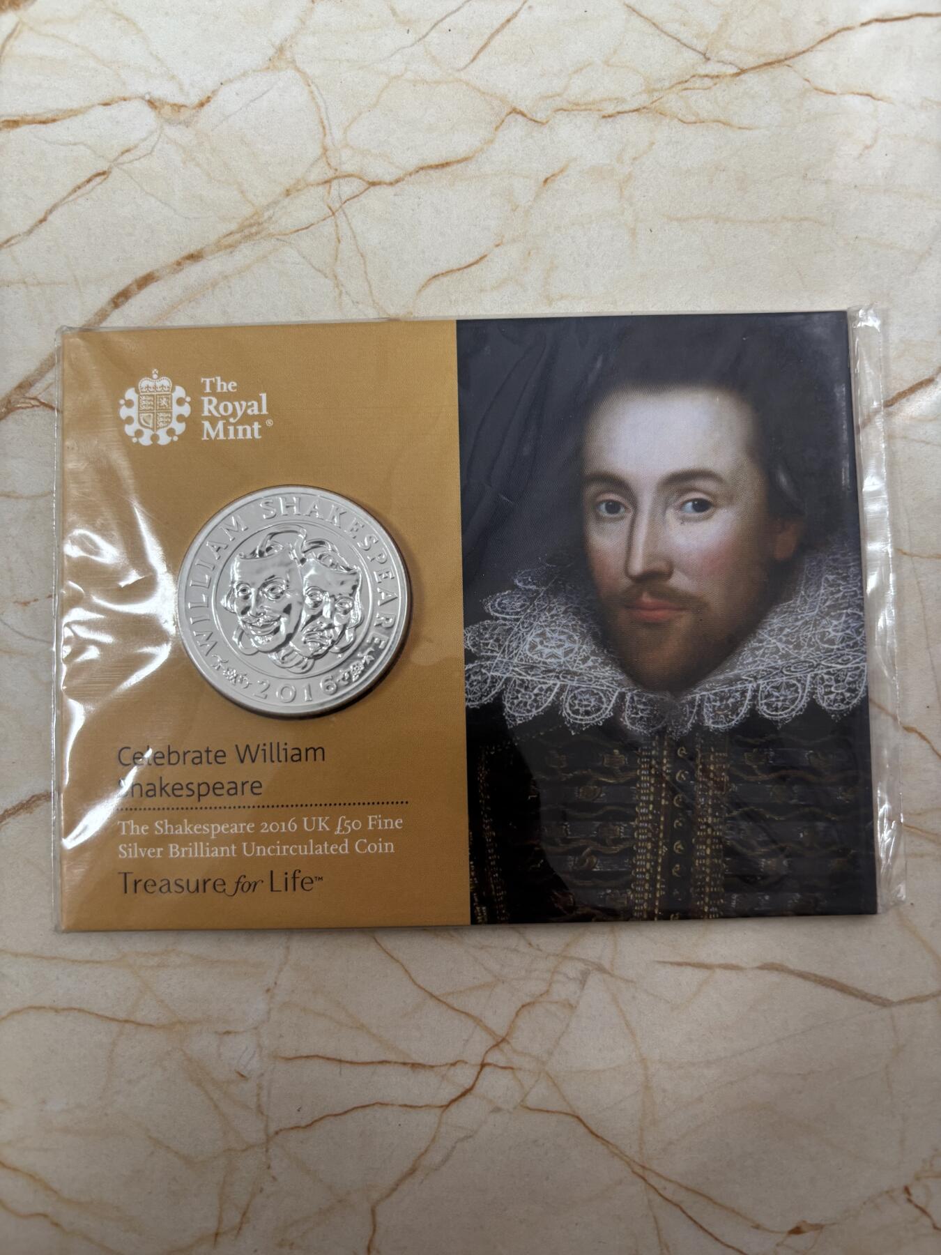 第189期拍卖 英国2016年50换50系列2威廉莎士比亚50镑银币，999银，发行15000枚