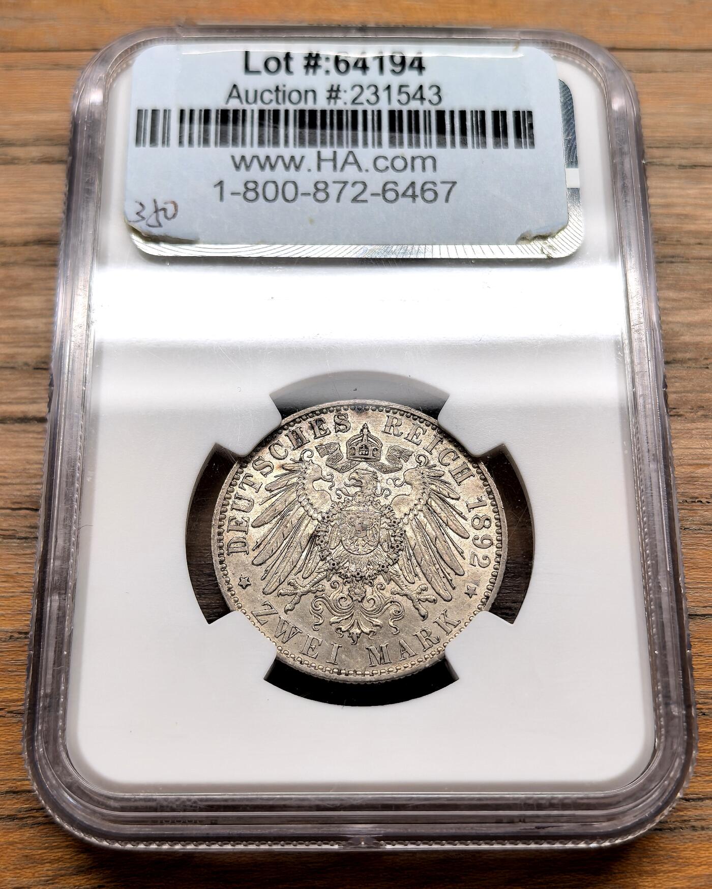 凡希社世界钱币微拍第三百十九期 1892德国萨克森-魏玛-埃森纳赫2马克NGC-AU55