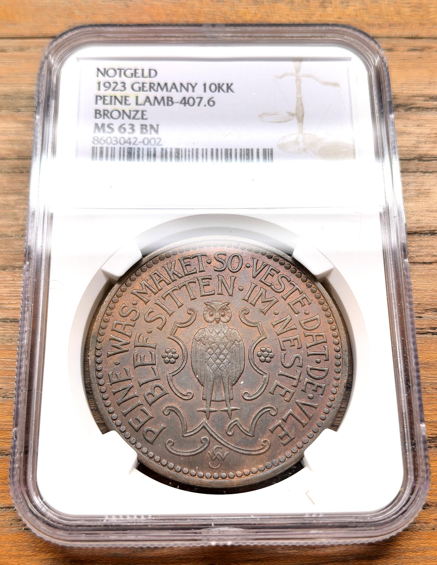 凡希社世界钱币微拍第三百十九期 1923德紧佩恩猫头鹰10000K大铜币NGC-MS63