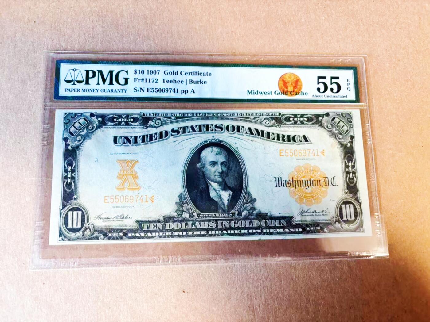 【Blue Auction】世界纸币精拍第779期——18级TOP拍卖/信誉/品质/专业/高效💫 美国1907年10美金黄金券 中西部黄金宝藏特标 金色油墨凹凸感佳 首任财长迈克尔·希雷加斯 PMG55EPQ 