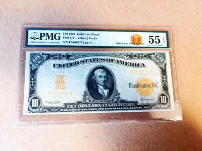 【Blue Auction】世界纸币精拍第779期——18级TOP拍卖/信誉/品质/专业/高效💫 - 美国1907年10美金黄金券 中西部黄金宝藏特标 金色油墨凹凸感佳 首任财长迈克尔·希雷加斯 PMG55EPQ 