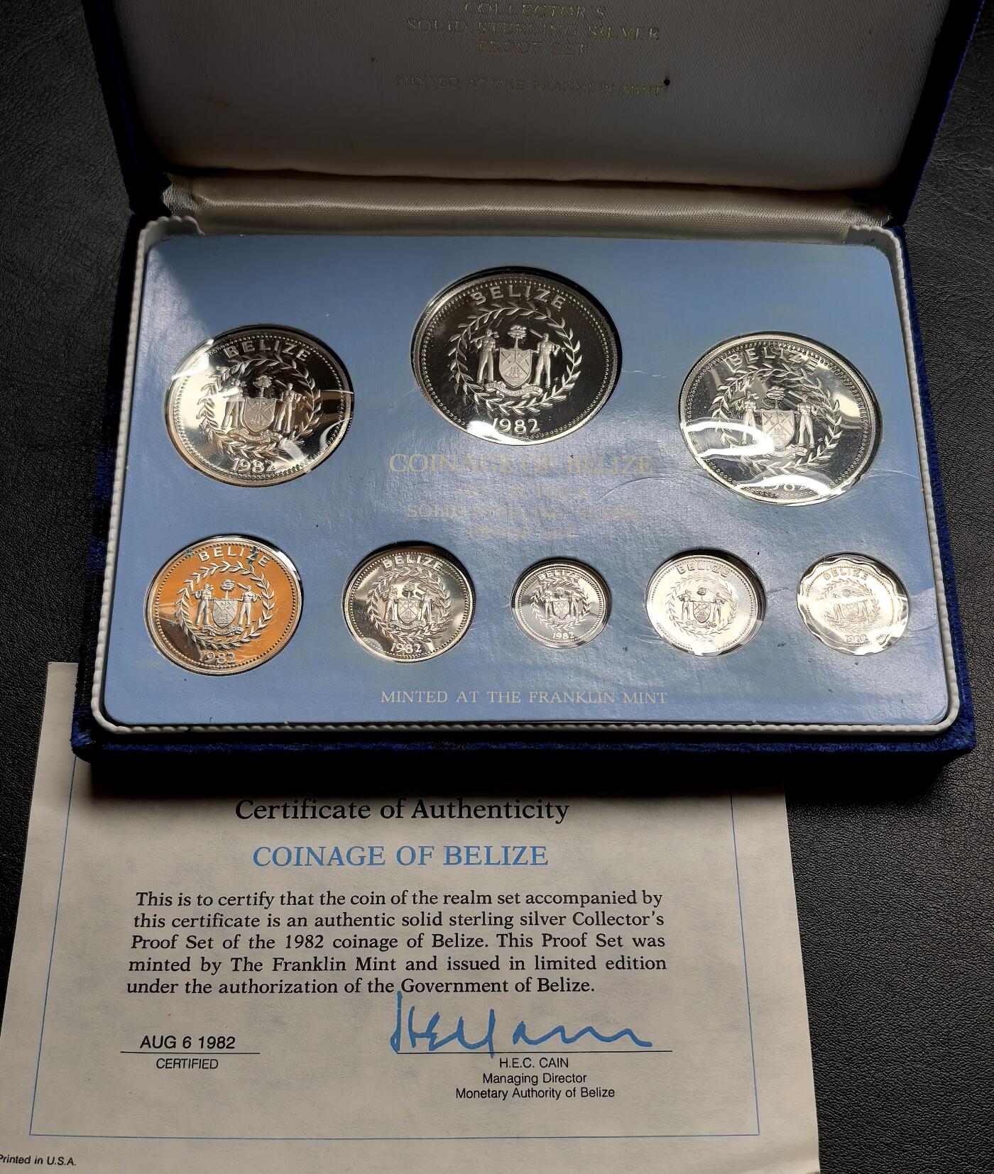 凡希社世界钱币微拍第三百十九期 1982伯利兹全银精铸PS八枚套，盒证全品，发行量仅381套。