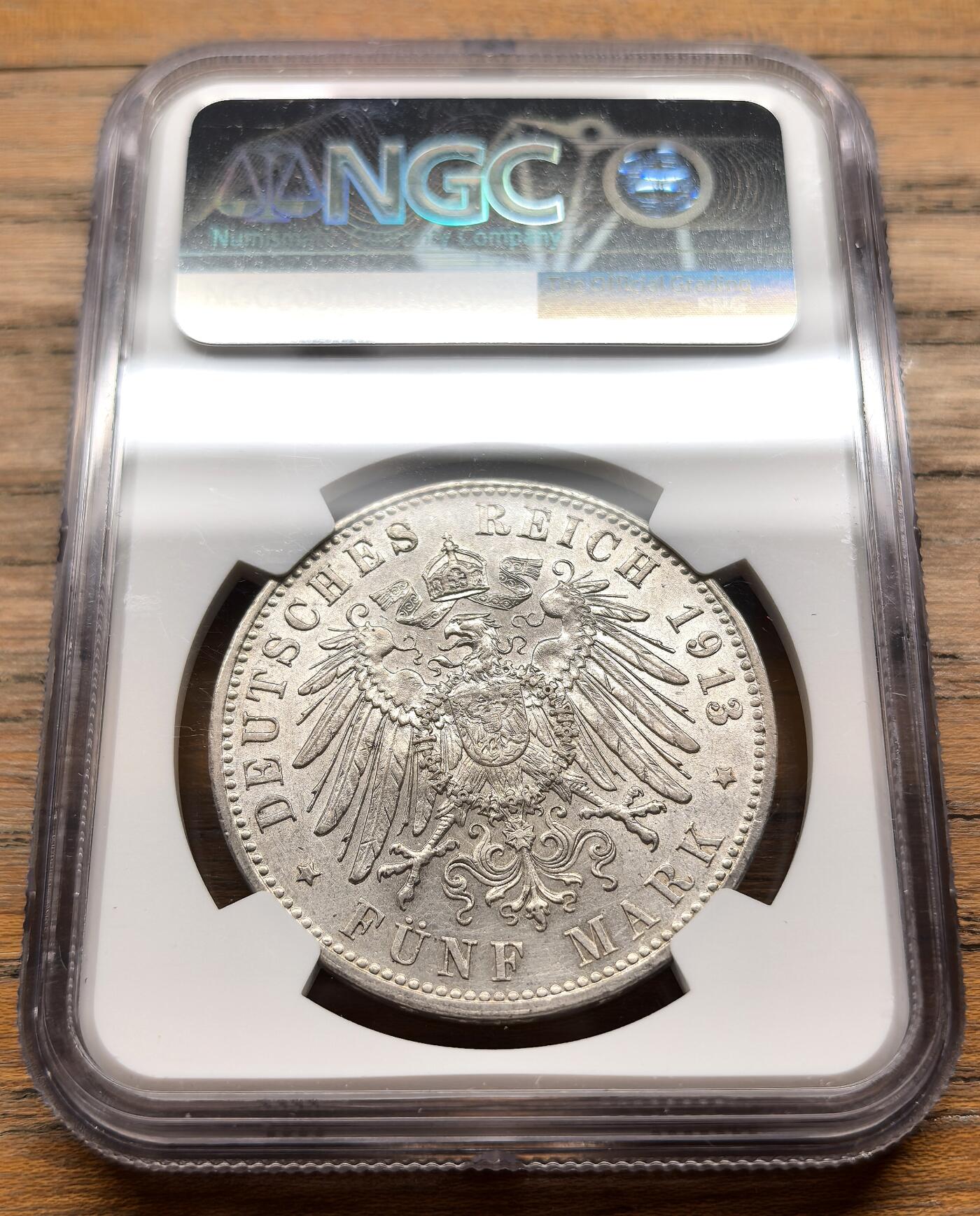 凡希社世界钱币微拍第三百十九期 1913D德国巴伐利亚5马克大银NGC-UNCD