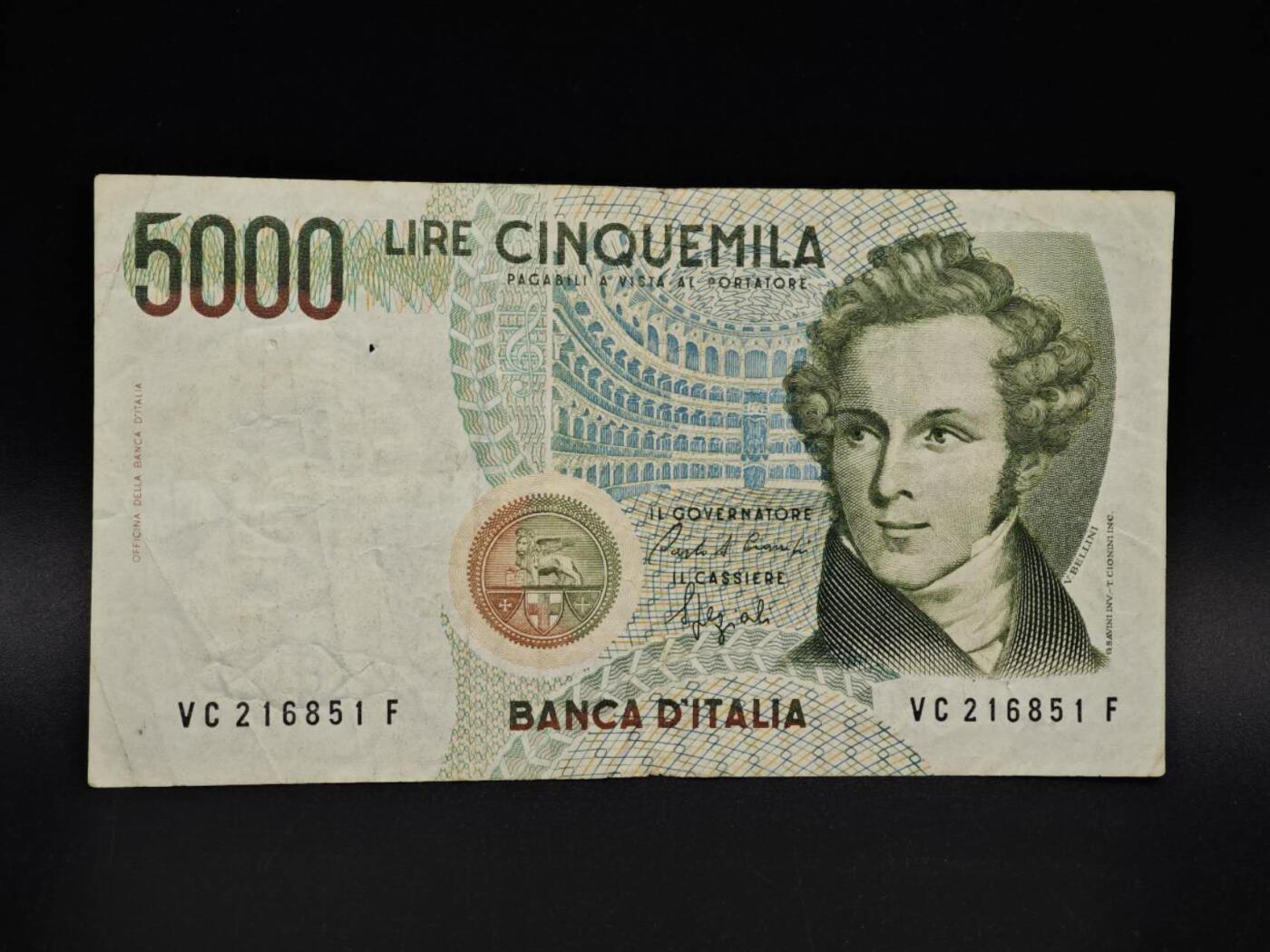 【淘币小摊】实时拍第八百五十四拍   无佣金福利纸币场   满百包邮可预留二周 每周一统一发货   意大利5000里拉纸币【有折】