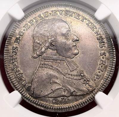 凡希社世界钱币微拍第三百十九期 - 1796神罗艾希施泰特主教区半泰勒银币NGC-UNCD，实物状态和包浆都相当优秀，没分不太理解。币面为主教约瑟夫·冯·施泰因的侧面胸像，币背铸主教纹章，属于神圣罗马帝国末期宗教领地货币的珍稀品种。