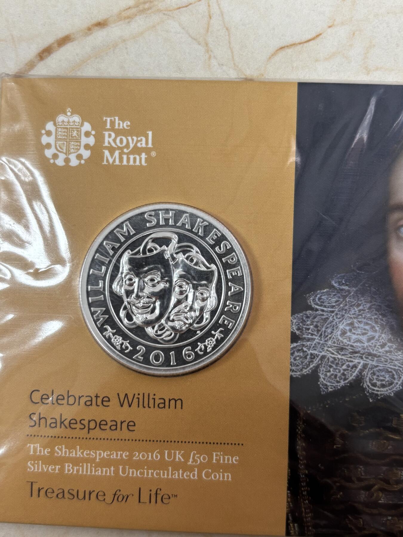 第189期拍卖 英国2016年50换50系列2威廉莎士比亚50镑银币，999银，发行15000枚