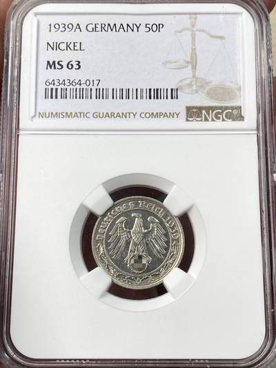 万国钱币拍卖第059期 - NGC MS63 1939年A德国三帝国50芬尼镍币 原光状态（原图请私信后台或自行查询官网）
