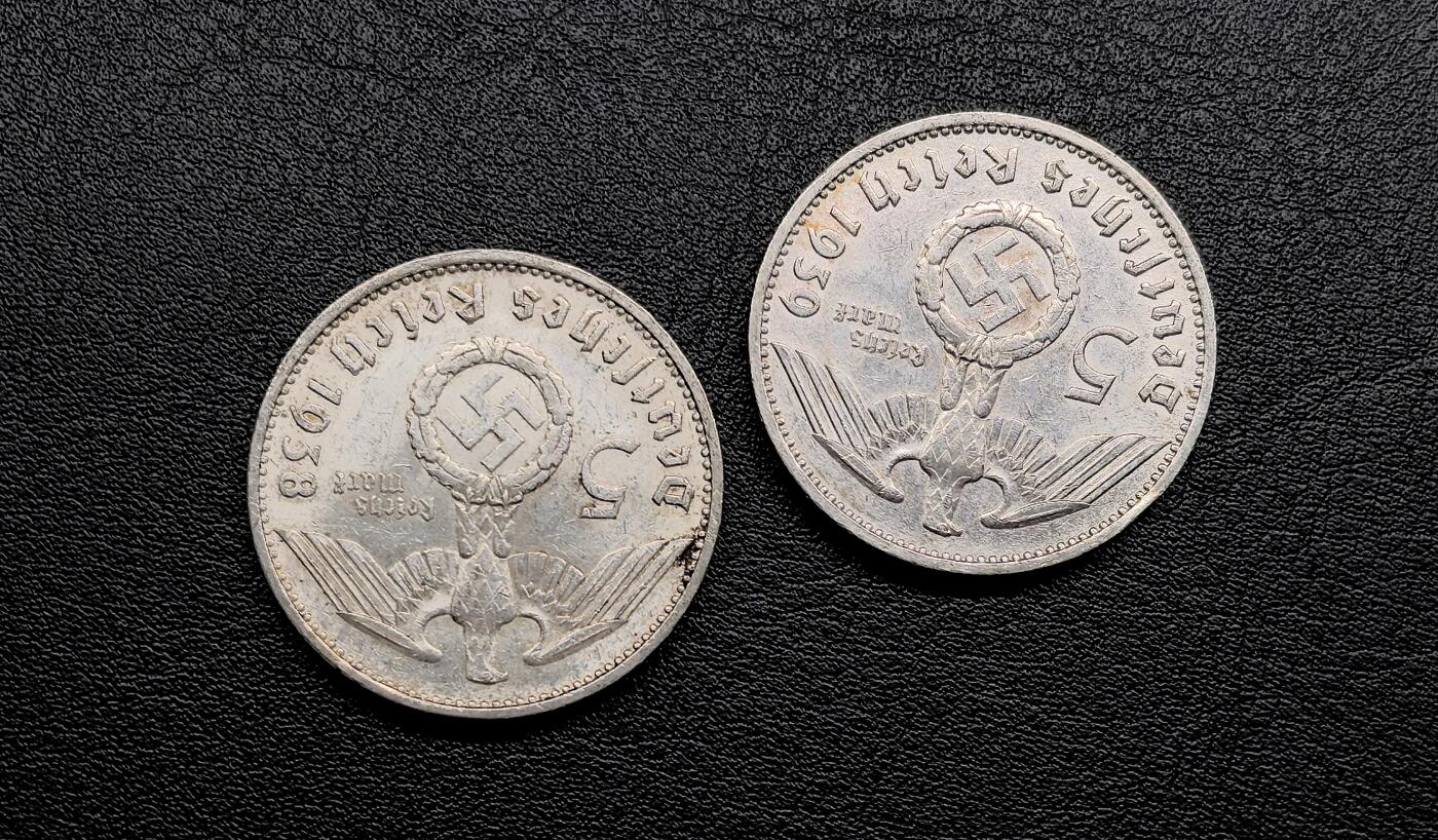 凡希社世界钱币微拍第三百十九期 德国兴登堡5马克银币两枚一组