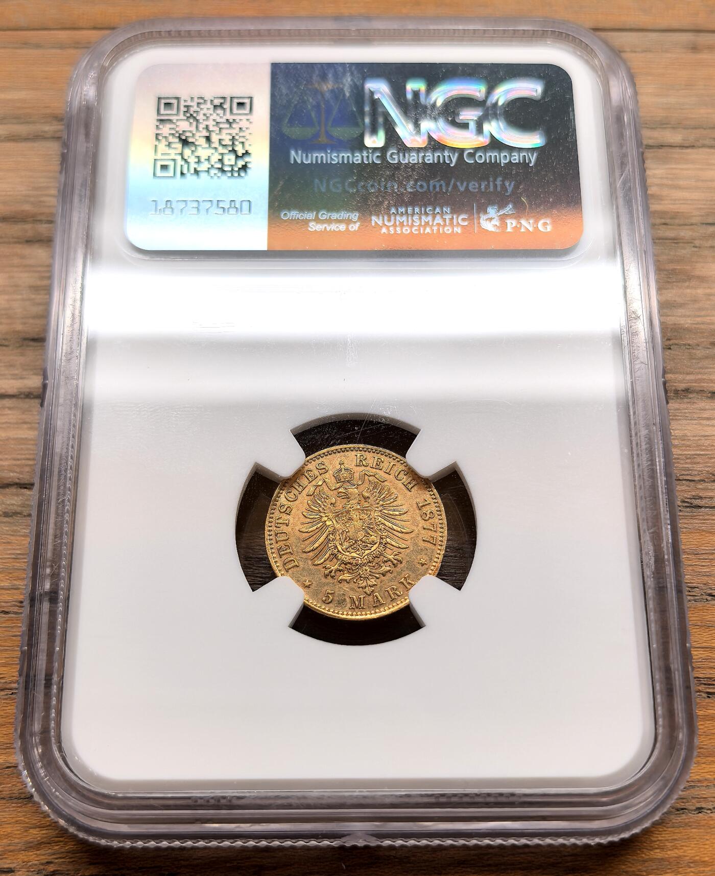 凡希社世界钱币微拍第三百十九期 1877E德国萨克森短翅鹰10马克金币NGC-AUD