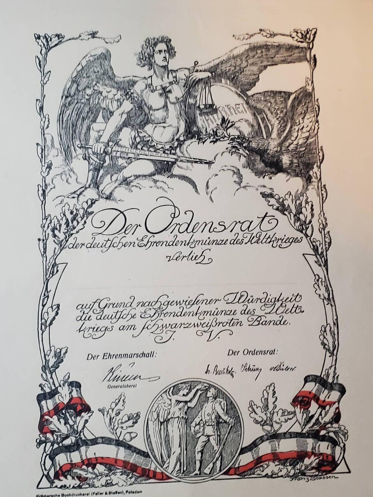 韵星假日拍卖第三十八期 -- Rimey Holidays Auction 38 魏玛德国为祖国服务奖章大证书 最出名的魏玛奖章之一 证书设计很好看 带有战斗天使和奖章图片 背后带有备注 少见
