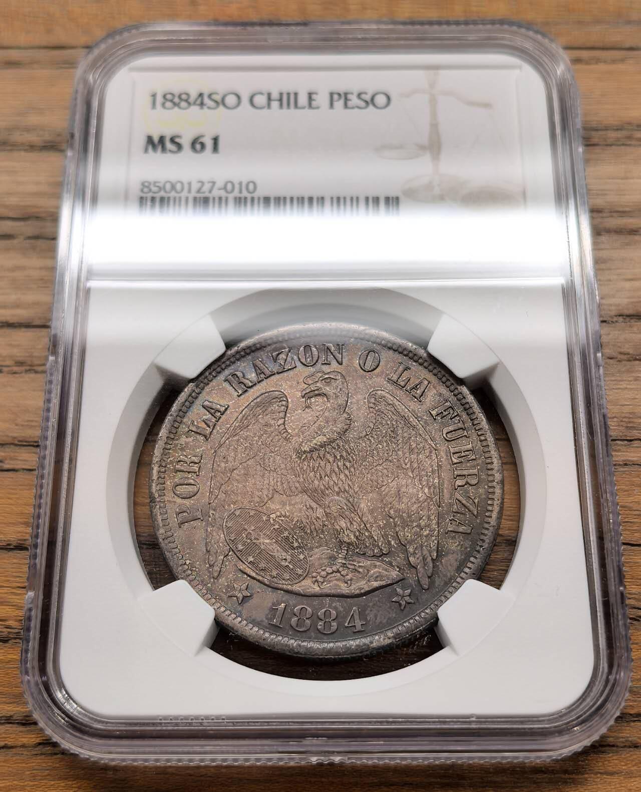 凡希社世界钱币微拍第三百十九期 1884SO智利老鹰比索大银NGC-MS61，美包浆。