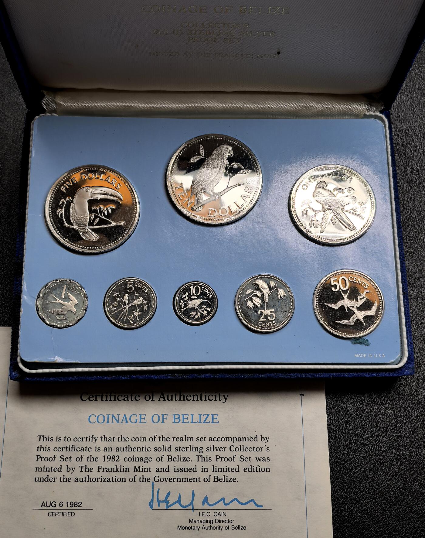 凡希社世界钱币微拍第三百十九期 1982伯利兹全银精铸PS八枚套，盒证全品，发行量仅381套。