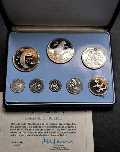 凡希社世界钱币微拍第三百十九期 - 1982伯利兹全银精铸PS八枚套，盒证全品，发行量仅381套。