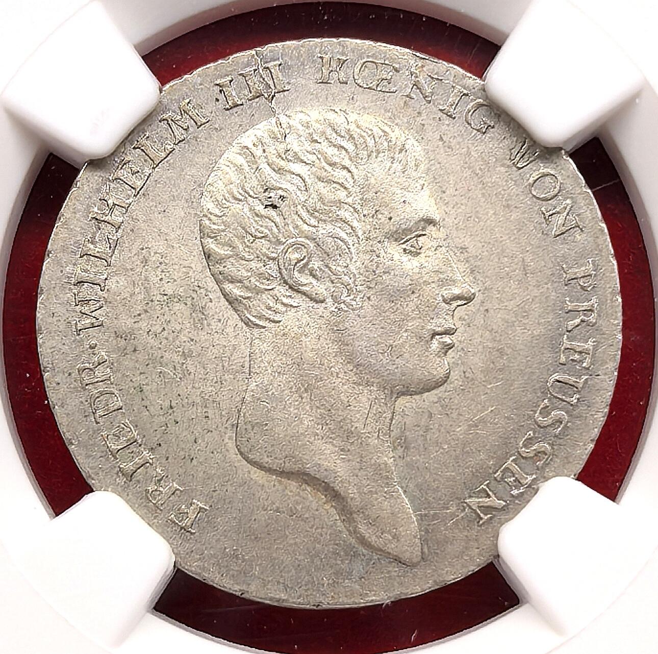 凡希社世界钱币微拍第三百十九期 1812A德国普鲁士王国威廉三世1/6泰勒NGC-MS62，1812年正值拿破仑战争的关键时期，普鲁士作为反法同盟成员，发行此币以支撑战时经济与流通需求，此枚通体欧陆灰彩，压铸细节深峻，光泽优美。