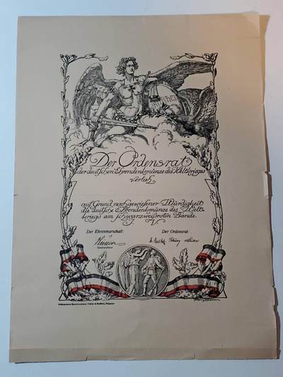 韵星假日军品类拍卖第三十八期 -- Rimey Holidays Militaria Auction 38 - 魏玛德国为祖国服务奖章大证书 最出名的魏玛奖章之一 证书设计很好看 带有战斗天使和奖章图片 背后带有备注 少见