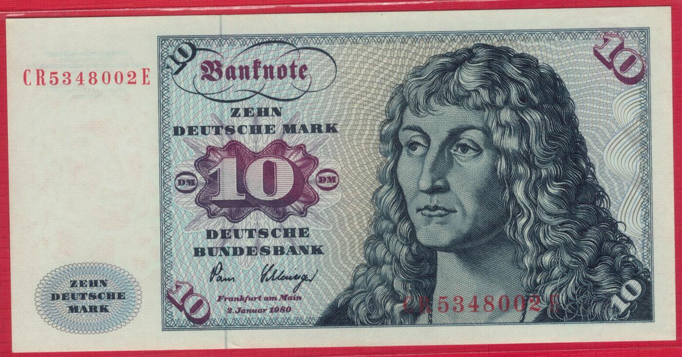 德国(联邦德国 西德)1980年10马克 P-31d 背有银行版权标识版 实物图 UNC