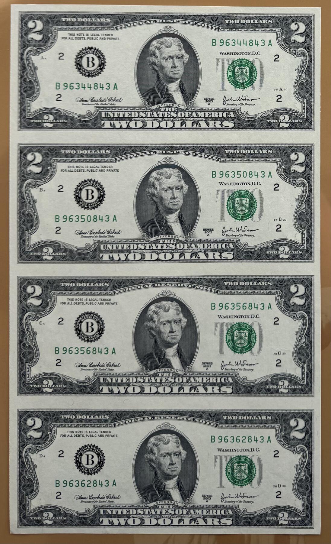 2026第2场（总第229期）：精品测试钞、连体钞综合场 四连体/美国2003年版2美元豪华硬册装UNC（B库印）