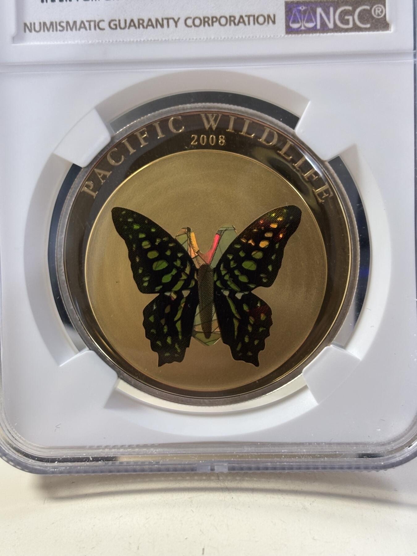 第189期拍卖 获奖帕劳2008年蝴蝶动物系列绿蝴蝶棱镜幻彩银币最高分NGC-PF70，世界最美25种钱币之一，925银，25克，发行2500枚