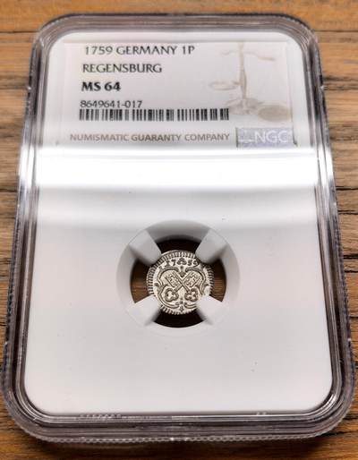 凡希社世界钱币微拍第三百十九期 - 1759神罗雷根斯堡自由市1芬尼银币NGC-MS64