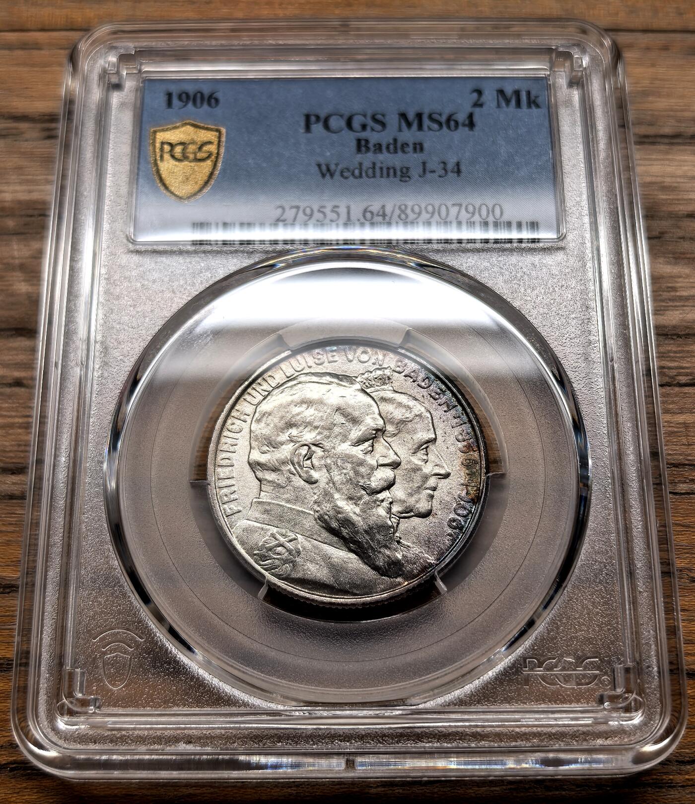 凡希社世界钱币微拍第三百十九期 1906德国巴登金婚纪念2马克PCGS-MS64