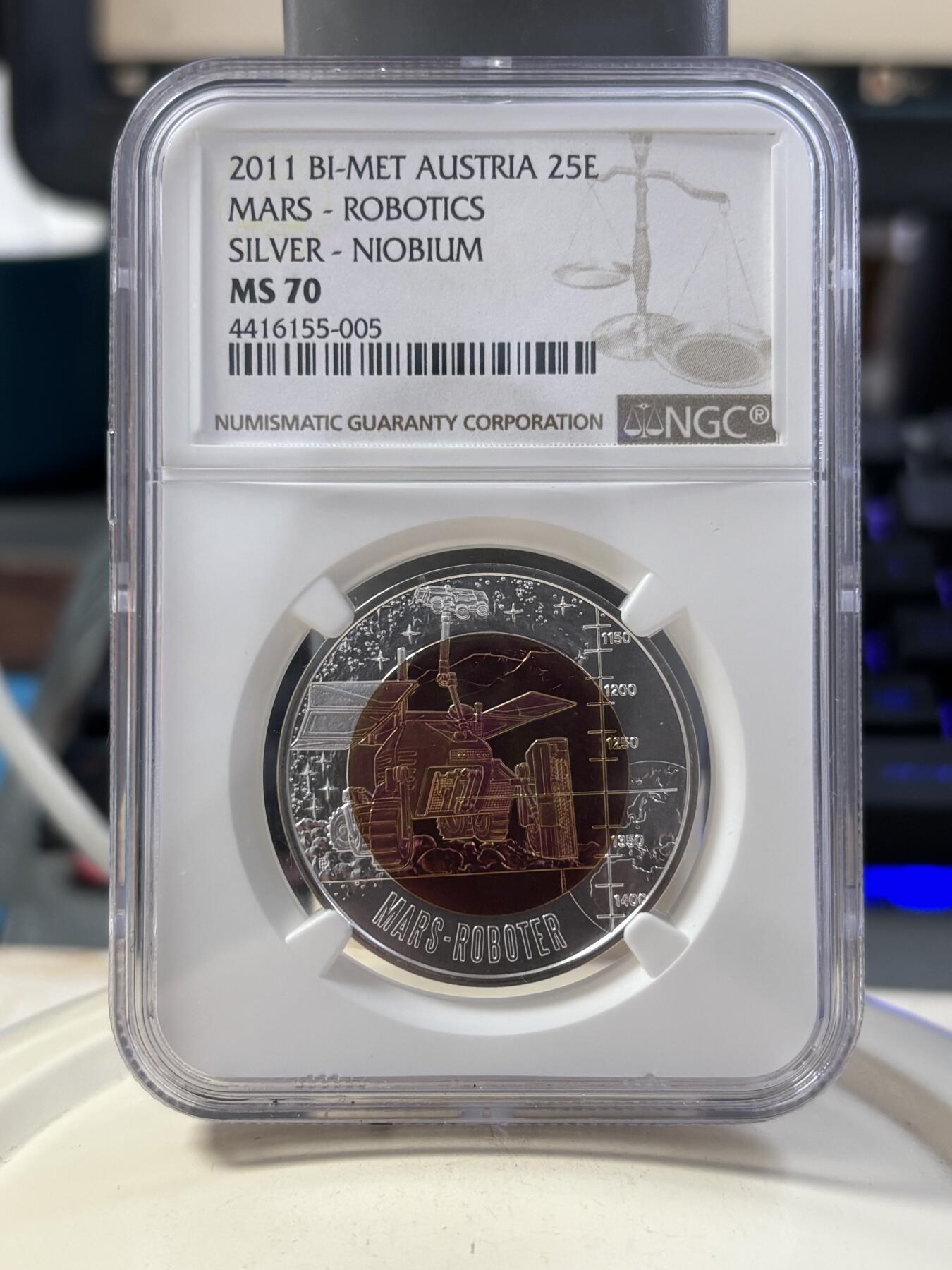第189期拍卖 奥地利2011年火星探险机器人25欧纪念银铌双色银币NGC-MS70