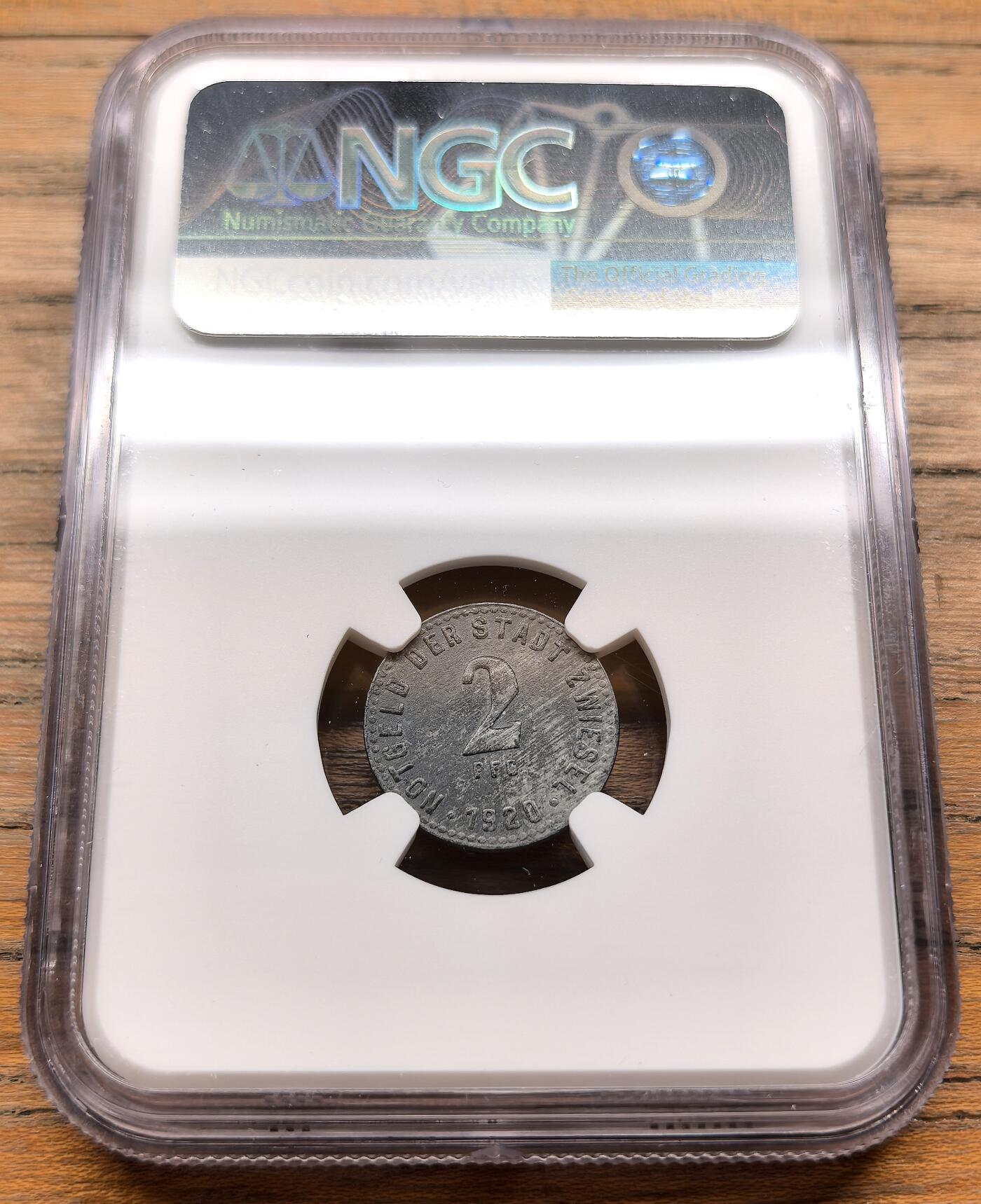 凡希社世界钱币微拍第三百十九期 1919德紧茨维瑟尔2芬尼锌币NGC-UNCD