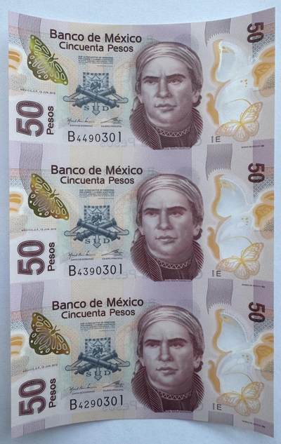 2026第2场（总第229期）：精品测试钞、连体钞综合场 - 三连体/墨西哥2012年版50比索塑料连体钞UNC（E系列、B冠、签名21）