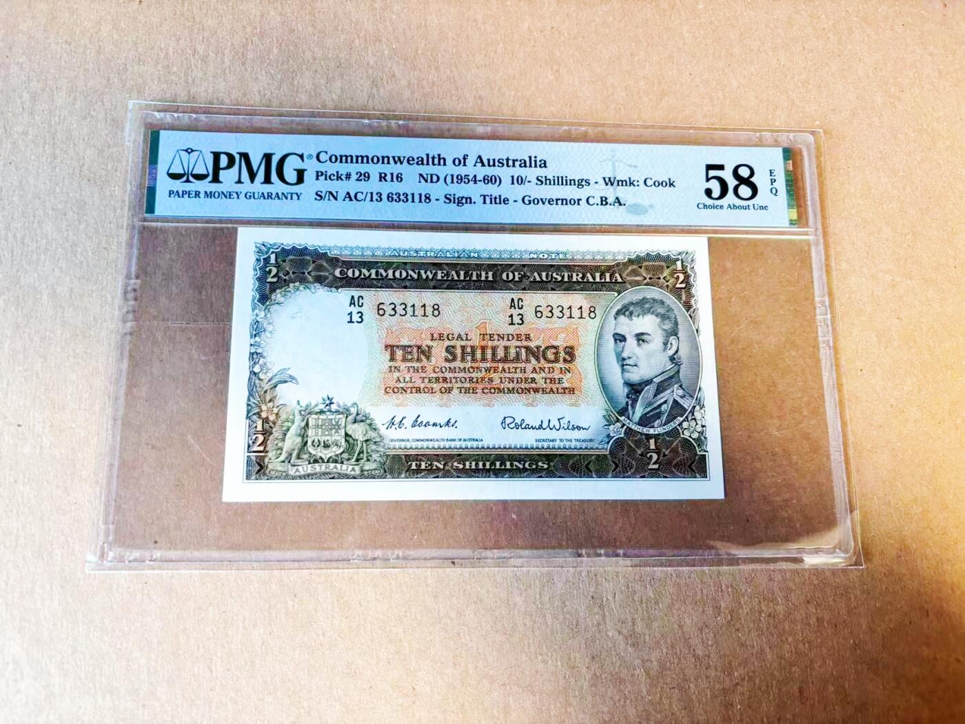 【Blue Auction】世界纸币精拍第779期——18级TOP拍卖/信誉/品质/专业/高效💫 【新加坡船王白氏旧藏】澳大利亚1954-60年10先令 PMG58EPQ