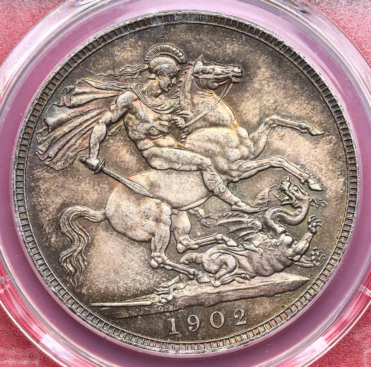 凡希社世界钱币微拍第三百十九期 1902英国爱七马剑大银PCGS-MS63，英伦五彩，光泽亮丽而富油润感，堪称养眼美物一件！（视频参考）