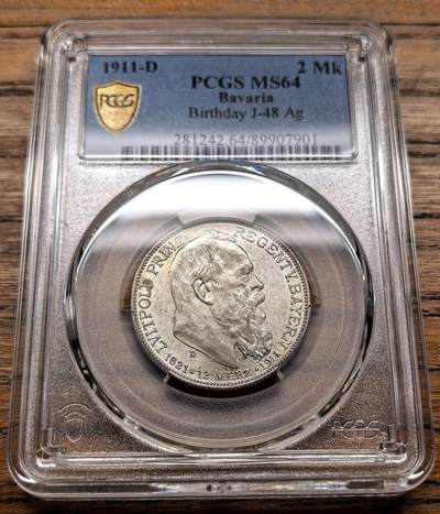 凡希社世界钱币微拍第三百十九期 - 1911德国巴伐利亚路德维希诞辰纪念2马克PCGS-MS64