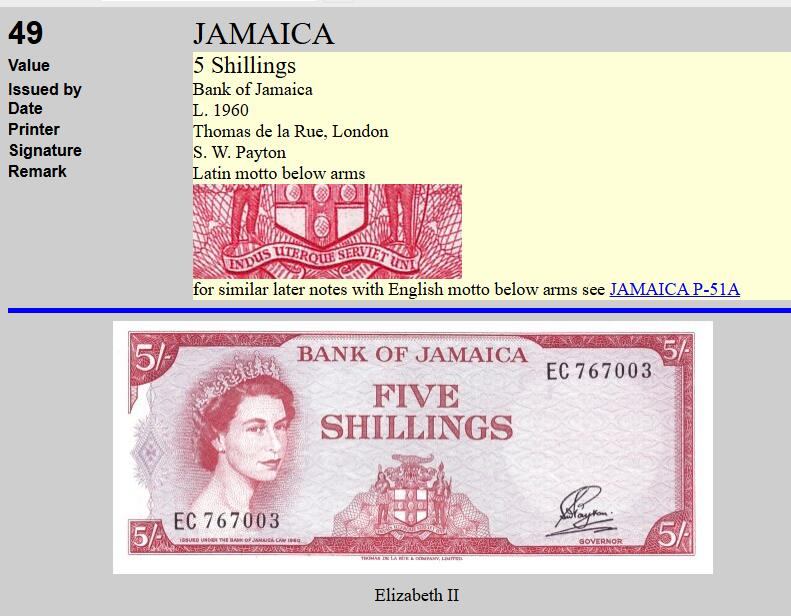 【Blue Auction】世界纸币精拍第779期——18级TOP拍卖/信誉/品质/专业/高效💫 【P-49拉丁铭文初版 央行首张纸币 无47】牙买加1960年5先令 邓斯河瀑布 纹章铭刻“Indus Uterque Serviet Uni/印第安人应侍奉主” 因殖民色彩浓厚仅在1962年独立前短暂发行 很快改版为“Out of Many One People” PMG65EPQ 评级量仅为常见版本1/5