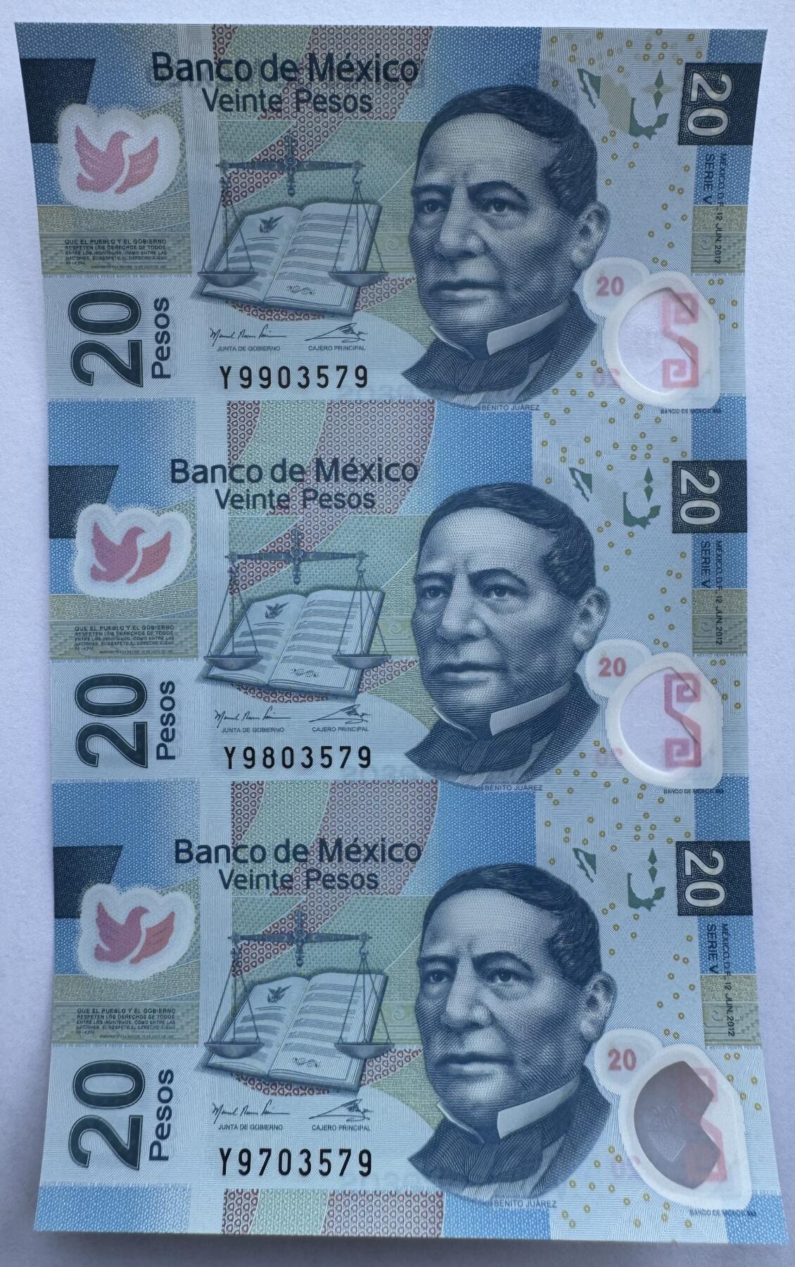 2026第2场（总第229期）：精品测试钞、连体钞综合场 三连体/墨西哥2012年版20比索塑料钞UNC（V系列、签名21）