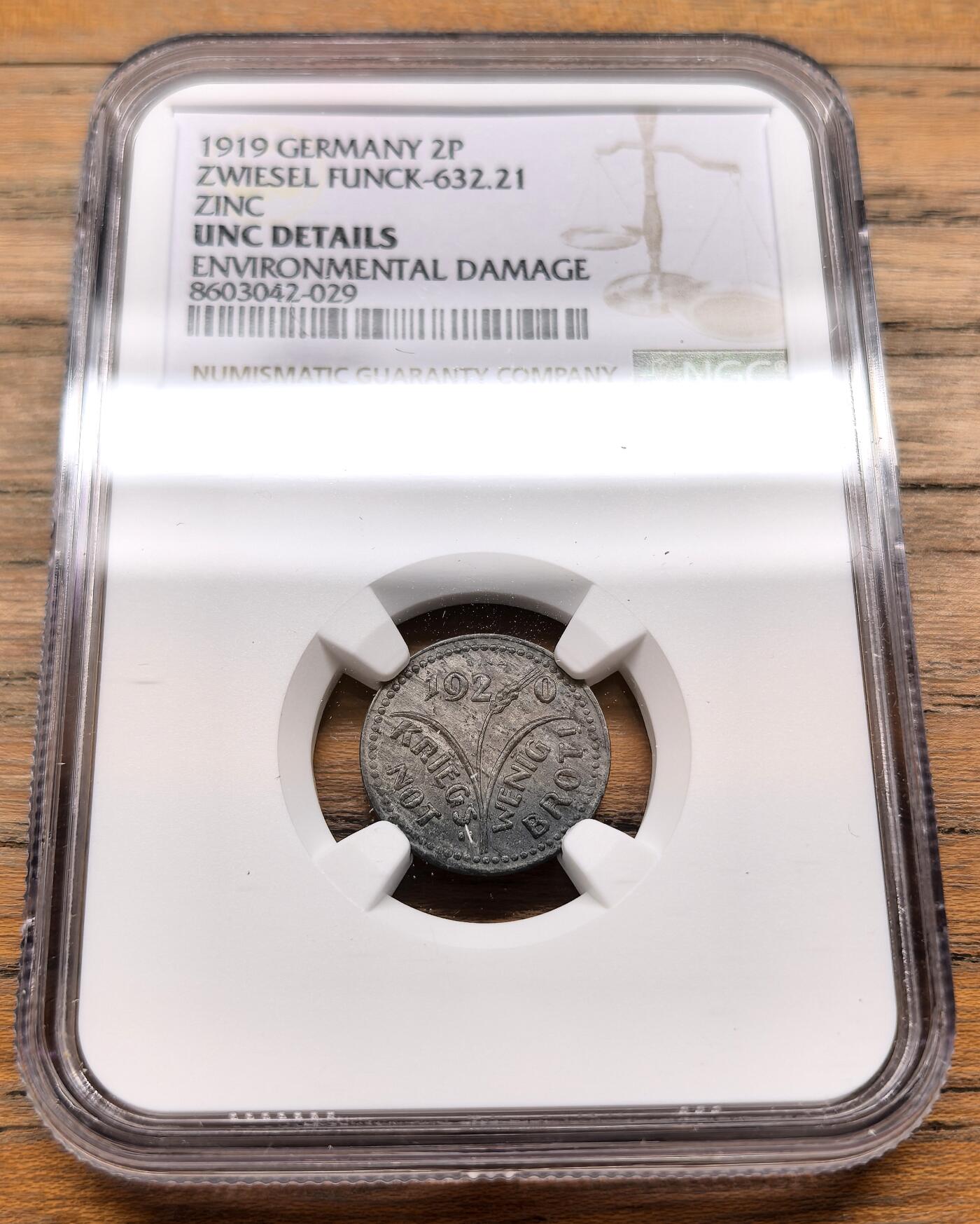 凡希社世界钱币微拍第三百十九期 1919德紧茨维瑟尔2芬尼锌币NGC-UNCD