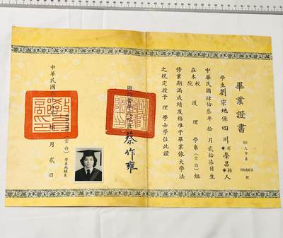 韵星假日拍卖第三十八期 -- Rimey Holidays Auction 38 - 刘宗地（姐）国防医学院毕业证书，蔡作雍中将签发，理学学士学位