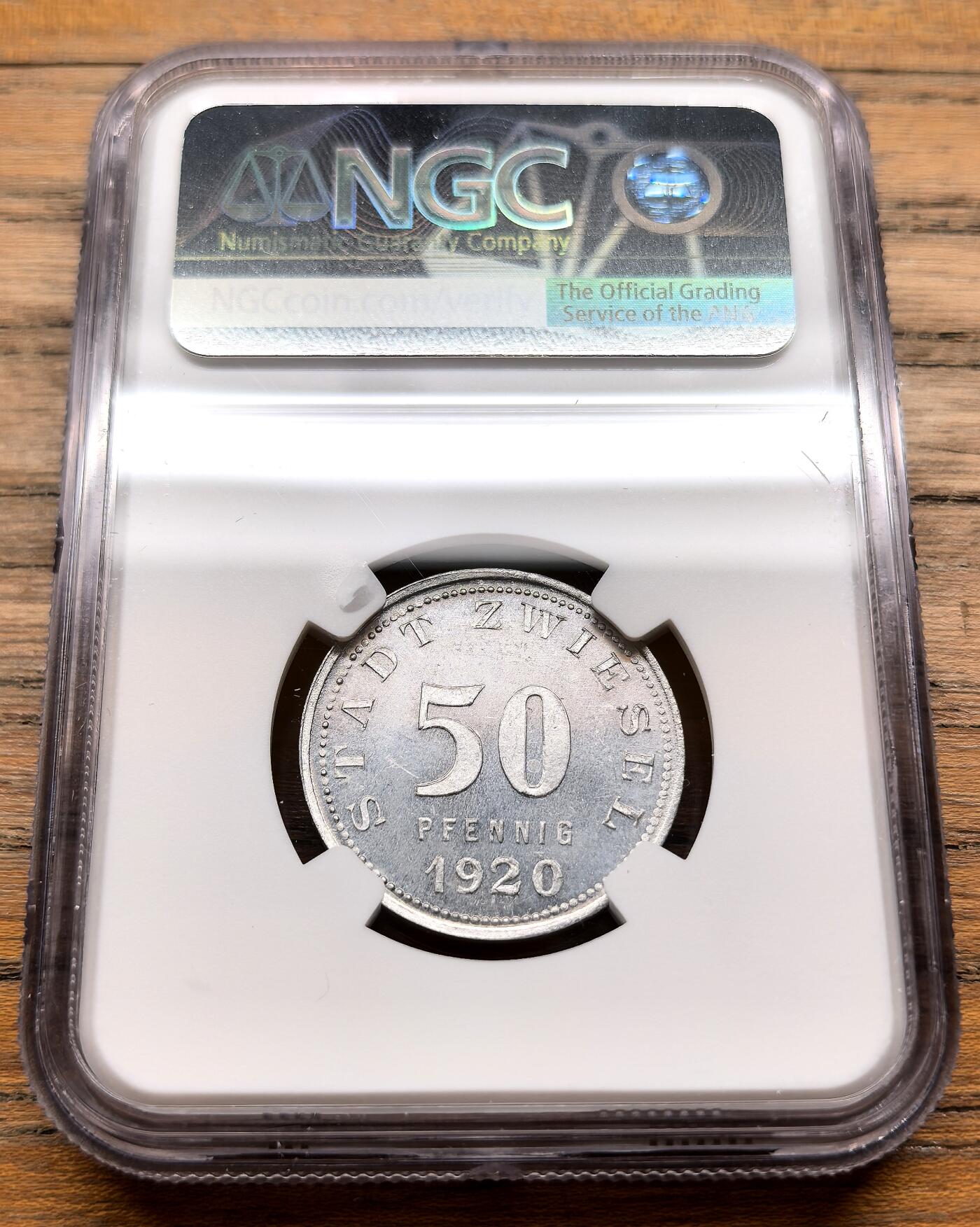 凡希社世界钱币微拍第三百十九期 1920德紧茨维瑟尔烟草工人50芬尼铝币NGC-MS64