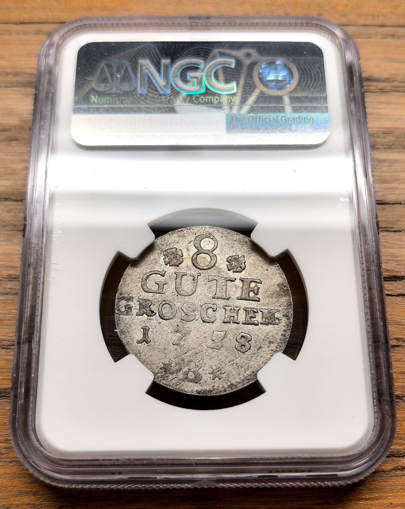 凡希社世界钱币微拍第三百十九期 1758德国安哈特-贝恩堡8G格罗申银币NGC-MS61，稀有的大GUTE版。